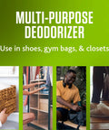 Odor Eliminating Deodorizer For Shoes Gym Bags Gear Bags Lockers Drawers And More Delivers Powerful Odor Elimination Keeps Your Fresh Kicks Smelling Great Anywhere Two Pack displayed with use examples in shoes, gym bags, and closets.