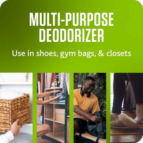 Odor Eliminating Deodorizer For Shoes Gym Bags Gear Bags Lockers Drawers And More Delivers Powerful Odor Elimination Keeps Your Fresh Kicks Smelling Great Anywhere Two Pack displayed with use examples in shoes, gym bags, and closets.