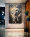 Steam Train On Tracks Canvas Wall Art For Living Room Or Office Decor Ready To Hang Framed 12 By 18 Inch With Dramatic Smoky Locomotive Painting And Vintage Railway Charm For A Retro Vibe