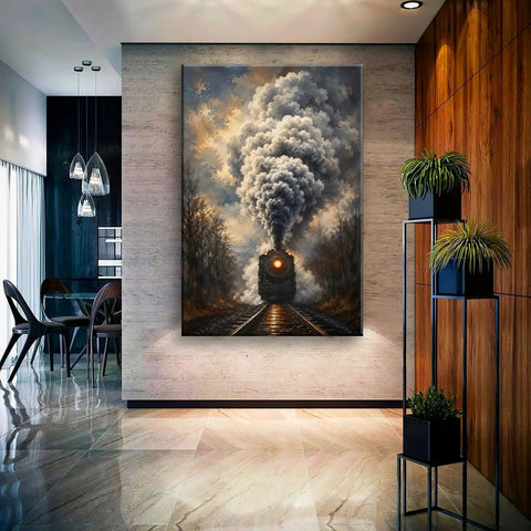 Steam Train On Tracks Canvas Wall Art For Living Room Or Office Decor Ready To Hang Framed 12 By 18 Inch With Dramatic Smoky Locomotive Painting And Vintage Railway Charm For A Retro Vibe