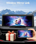 8.1 Inch Portable Wireless CarPlay Screen With 2K Dash Cam And 1080P Backup Camera in car with animated display and gift box