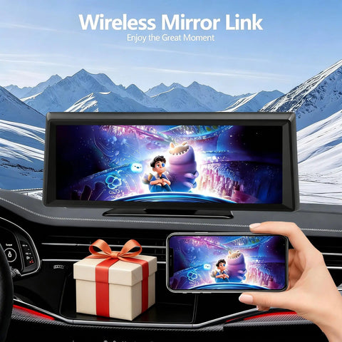 8.1 Inch Portable Wireless CarPlay Screen With 2K Dash Cam And 1080P Backup Camera in car with animated display and gift box