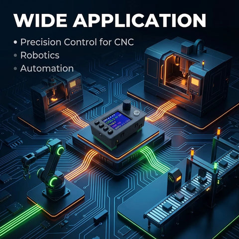 Ransanx stepper motor controller with LCD and controls on circuit-board platform; robotic arm and CNC gear visible.