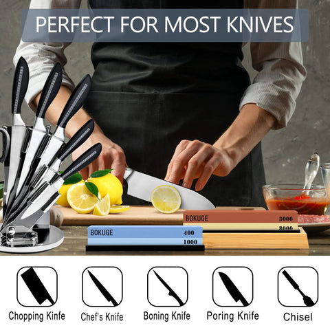 Pro Knife Sharpening Stone Kit With 4 Sided Grit 400/1000/3000/8000 displayed with chef using knife