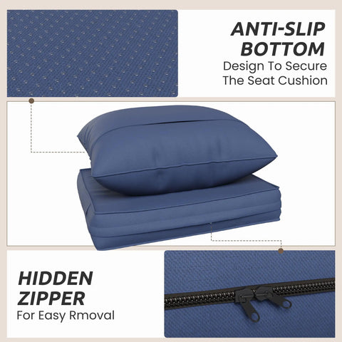 Outdoor Chair Cushions Set Of Four 23 By 20 By 4 Inches With Removable Cover Navy Waterproof And Fade Resistant shown with anti-slip bottom and hidden zipper