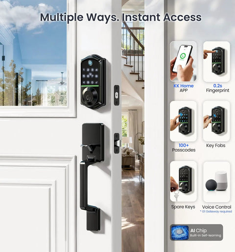 Smart Fingerprint Front Door Lock Set With App Control, Eight In One Keyless Entry Deadbolt installed on white door