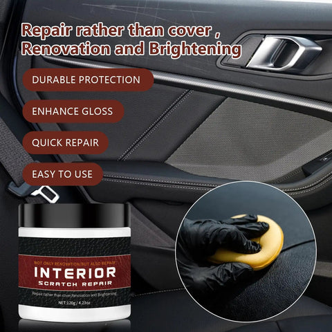 Interior Scratch Repair Kit For Dashboards, Plastics And Leather, 2026 Upgraded Go-To Quick Fix, 4.23 oz, shown with application on car door panel