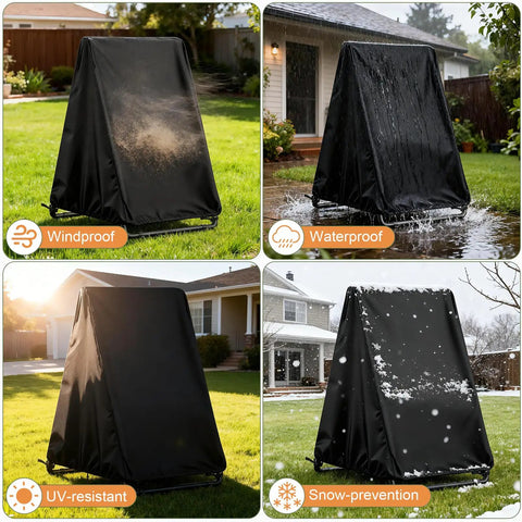Four images of Waterproof Hammock Chair Stand Cover for 41L By 55W By 72H Swing Stands showing wind, water, UV, and snow protection.
