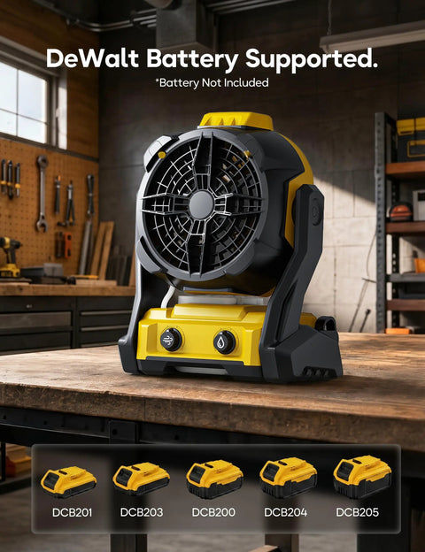 Cordless Misting Fan For DeWalt 20V Max Battery, Personal Cooling On The Go For Jobsites, Camping, And Outdoors on workbench