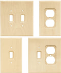 Unfinished Birch Wood Square 1-Gang Wall Plate 6-Pack Outlet Covers For Duplex Outlets, showing four cover styles, natural finish.