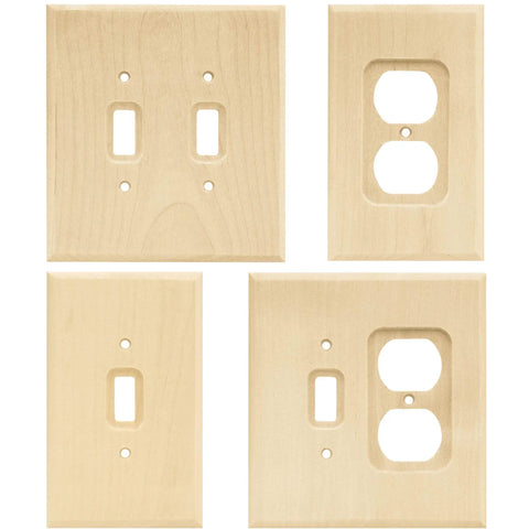 Unfinished Birch Wood Square 1-Gang Wall Plate 6-Pack Outlet Covers For Duplex Outlets, showing four cover styles, natural finish.