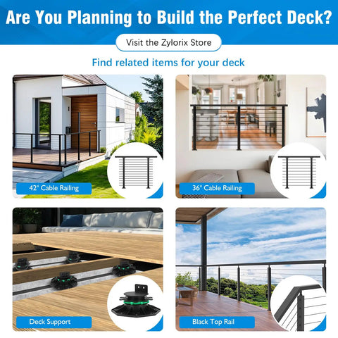Composite image showing deck building materials including 42" and 36" cable railing, deck support, and black top rail for decking projects.