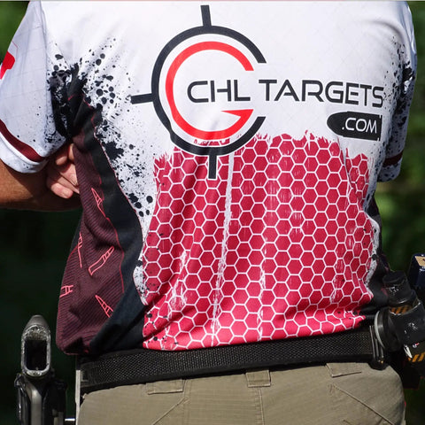 Back view of person wearing CHL Targets shirt, holding a gun. Police Silhouette Target for Pistol Practice 24x45 Inch Paper Target With Clear Scoring Rings Realistic Training Drills For Defense Or Range Use Black High Contrast Target To Track Hit Zones And Performance.
