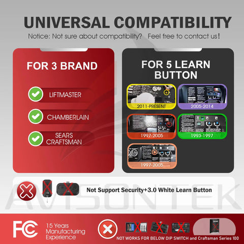 Compatibility chart for Wireless Universal Garage Door Opener Keypad For Craftsman CMXZDCG440 Compatible With Sears LiftMaster Chamberlain Openers