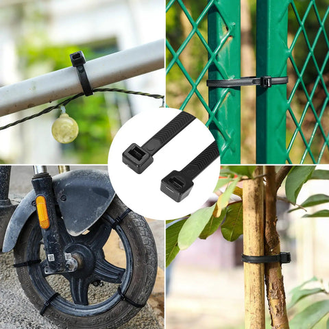 Tough As Nails 12 Inch V Shaped Toothed Double Sided Cable Ties securing objects like trees, gates, bike tires; 80 Pack Black