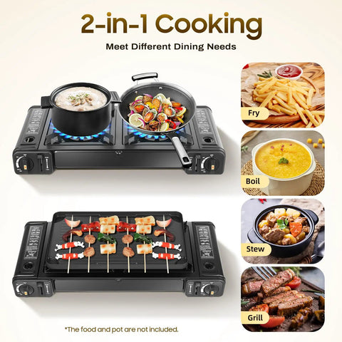 Two Burner Portable Propane Camping Stove With Double Auto Ignition Durable Dual LPG Butane Burner For RVs Motorhomes Apartments Outdoor And Indoor Cooking Heavy Duty Camp Stove
