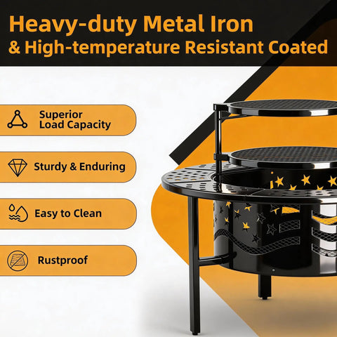 Big 42 Inch Outdoor Fire Pit With Two Grills For Wood Or Charcoal Burning, showcasing heavy-duty metal structure and features.