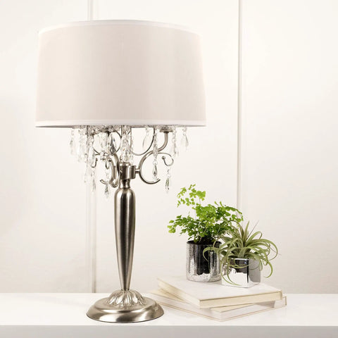 Crystal Silver Table Lamp With E12 Socket And On Off Switch UL Listed 16 By 16 By 30 Inches Max 40 Watt Bulb Modern Decorative Accent Light For Living Room Bedroom Nightstand Lit Chic Glow displayed on a white table with books and plants.