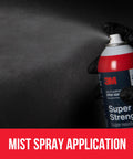 Hand spraying multi surface spray adhesive for light duty materials with fast dry time and low VOC, clear finish, on dark surface.
