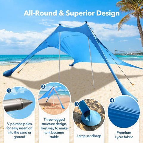 Ultra Portable Beach Tent Canopy With UPF50 Sun Protection on sandy beach with poles and sandbags, fits 4-5 adults