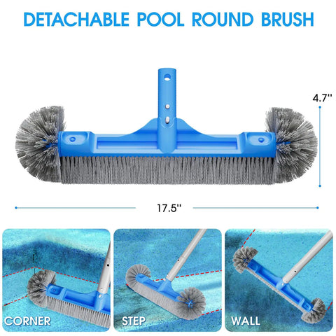 All In One 18 Inch Pool Cleaning Kit With Repairable Net And 18 Inch Round Brush 11 Inch Ultra Fine Mesh Skimmer Chlorine Floater And Handy Scrubber For Easy Debris Cleanup, detachable blue pool brush
