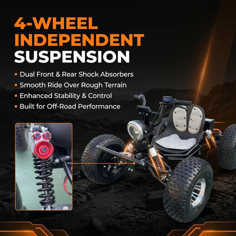 72V Electric Off Road Go Kart 3000W Brushless Motor with dual shock suspension on rocky terrain background