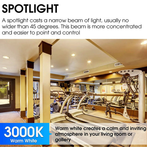 Bright Outdoor PAR38 LED Flood Light Bulb 1250 Lumen spotlighting a modern gym, showcasing warm white 3000K light and narrow beam angle.