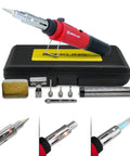 3 In 1 Butane Soldering Iron Kit With Self Ignition Portable Cordless Torch And Heat Gun, Includes 5 Tips, 15g 60 40 Rosin Core Solder Wire, Mini Wrench And Sponge displayed with carrying case and accessories; detailed views of tips and flame in use