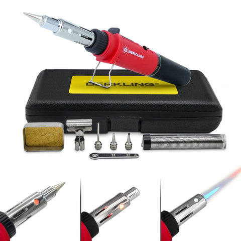 3 In 1 Butane Soldering Iron Kit With Self Ignition Portable Cordless Torch And Heat Gun, Includes 5 Tips, 15g 60 40 Rosin Core Solder Wire, Mini Wrench And Sponge displayed with carrying case and accessories; detailed views of tips and flame in use