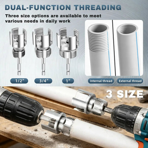 All In One Pipe Threading Kit For Internal And External Threads With 1/2 Inch 3/4 Inch And 1 Inch PVC Tubing Drill Friendly Thread Cutter Set For Quick Plumbing Repairs And Home DIY Projects.