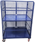 Heavy Duty Foldable Warehouse Trolley Built Like A Tank With Secure Steel Mesh Bins Four Swing Lock Doors And 1100 Pound Load Capacity Industrial Workhorse Cart with blue steel mesh and wheels.