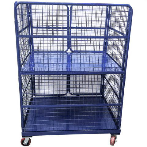 Heavy Duty Foldable Warehouse Trolley Built Like A Tank With Secure Steel Mesh Bins Four Swing Lock Doors And 1100 Pound Load Capacity Industrial Workhorse Cart with blue steel mesh and wheels.