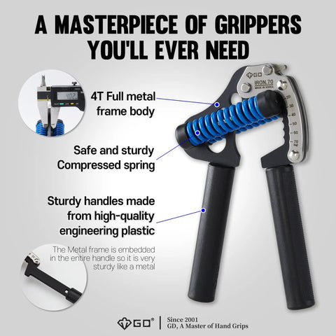 Adjustable Hand Grip Strengthener With 44 To 154 Lbs Resistance, Premium Forearm Trainer, features metal frame and plastic handles.