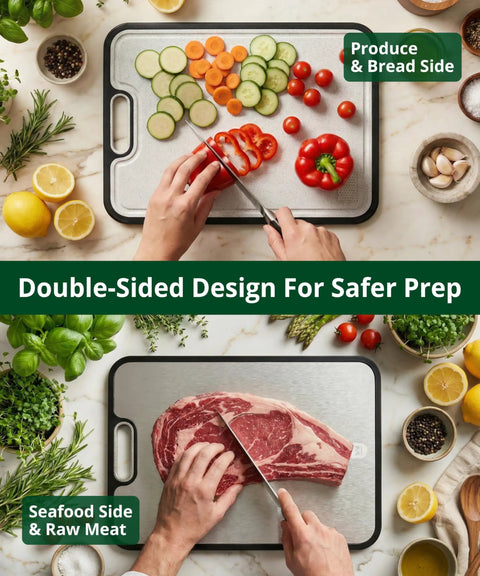 Double-sided titanium cutting board set of 2, showing vegetable chopping side and raw meat side with juice groove, easy to clean