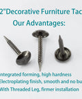 100 Count Mini Upholstery Nails Black Round Head Furniture Tacks showing three decorative furniture tacks on white background.