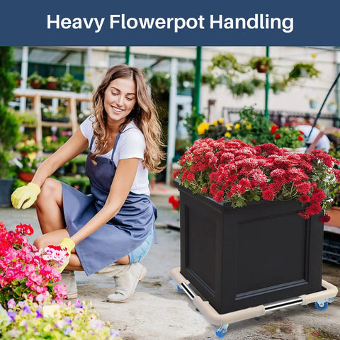 Woman using Adjustable Mini Fridge Stand With Mobile Rollers, Four Locking Wheels for transporting large flowerpot