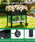 Tall Raised Garden Bed On Wheels With Extra Wide 37.4 Inch By 15.7 Inch Planting Box Holds Up To 400 Lbs Of Soil, shown in garden with flowers.