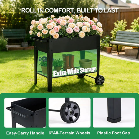 Tall Raised Garden Bed On Wheels With Extra Wide 37.4 Inch By 15.7 Inch Planting Box Holds Up To 400 Lbs Of Soil, shown in garden with flowers.