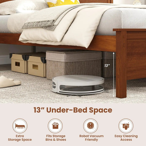 King Size Wooden Bed Frame With Cozy Upholstered Headboard And Rock Solid Thick Wood Slat Support For Legit Bedroom Vibes And Reliable Comfort All Night Long with 13 inch under-bed storage space.