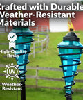 Two Pack Glass Patio Torch Set, Tall Outdoor Torches With Adjustable Height Up To 66 Inches, blue glass vessels in metal casing