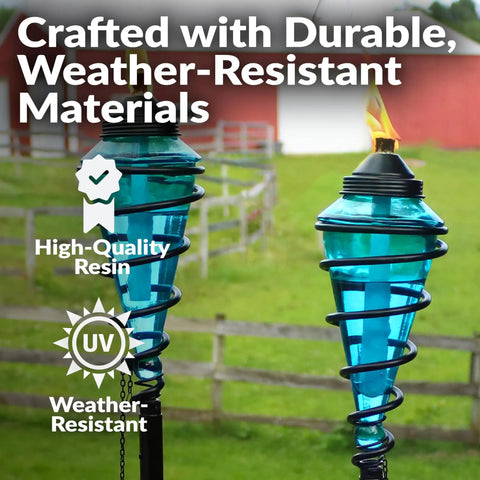 Two Pack Glass Patio Torch Set, Tall Outdoor Torches With Adjustable Height Up To 66 Inches, blue glass vessels in metal casing