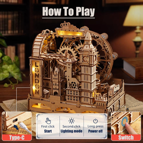 London Themed 3D Wooden Marble Run Puzzle for Adults, 431 Piece DIY Construction Kit With Movable Double Decker Bus And Big Ben, Brain Teaser Gift for Teens And Adults, illuminated wood model