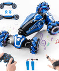 Gesture Sensing RC Stunt Car With 360 Degree Flips And Drifts, 2.4GHz 4WD Remote, showing blue design, LED lights, and controls.