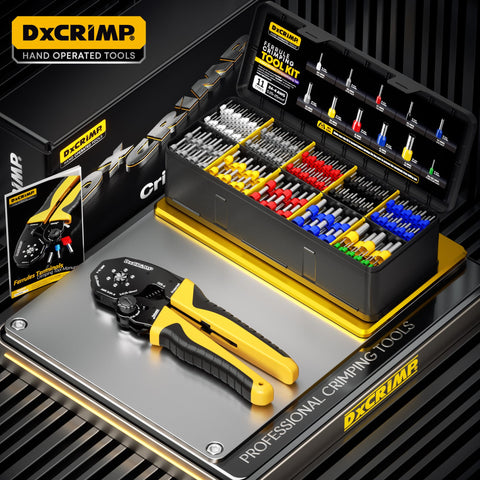 Hex Ferrule Crimping Tool Kit With Self-Adjusting Ratcheting Wire Crimper And 11-Type Terminal Assortment in open case