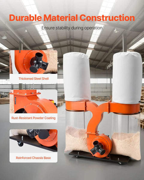 High Power Dust Collector With 1550 CFM Vortex Cone For Fast Wood Dust Pickup, 2.5 Micron Filtration, 3.0 HP, two dust bags, shop