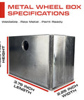Weldable metal wheel box for heavy duty V-groove gate wheels with specifications: 2.625 inch height, 3.75 inch length, 2.25 inch width.