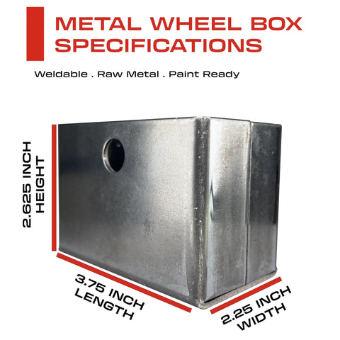 Weldable metal wheel box for heavy duty V-groove gate wheels with specifications: 2.625 inch height, 3.75 inch length, 2.25 inch width.