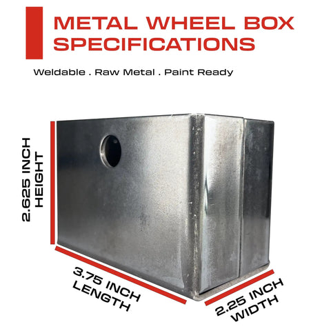 Side view of metal wheel box with dimensions for Heavy Duty 3.5 Inch V Groove Gate Wheel With Weldable Wheel Box.