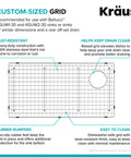 Diagram of the Bellucci Series Stainless Steel Sink Bottom Grid with dimensions and features, including rubber bumpers.