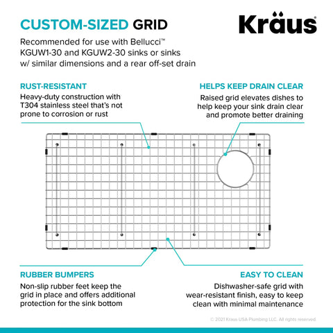 Diagram of the Bellucci Series Stainless Steel Sink Bottom Grid with dimensions and features, including rubber bumpers.